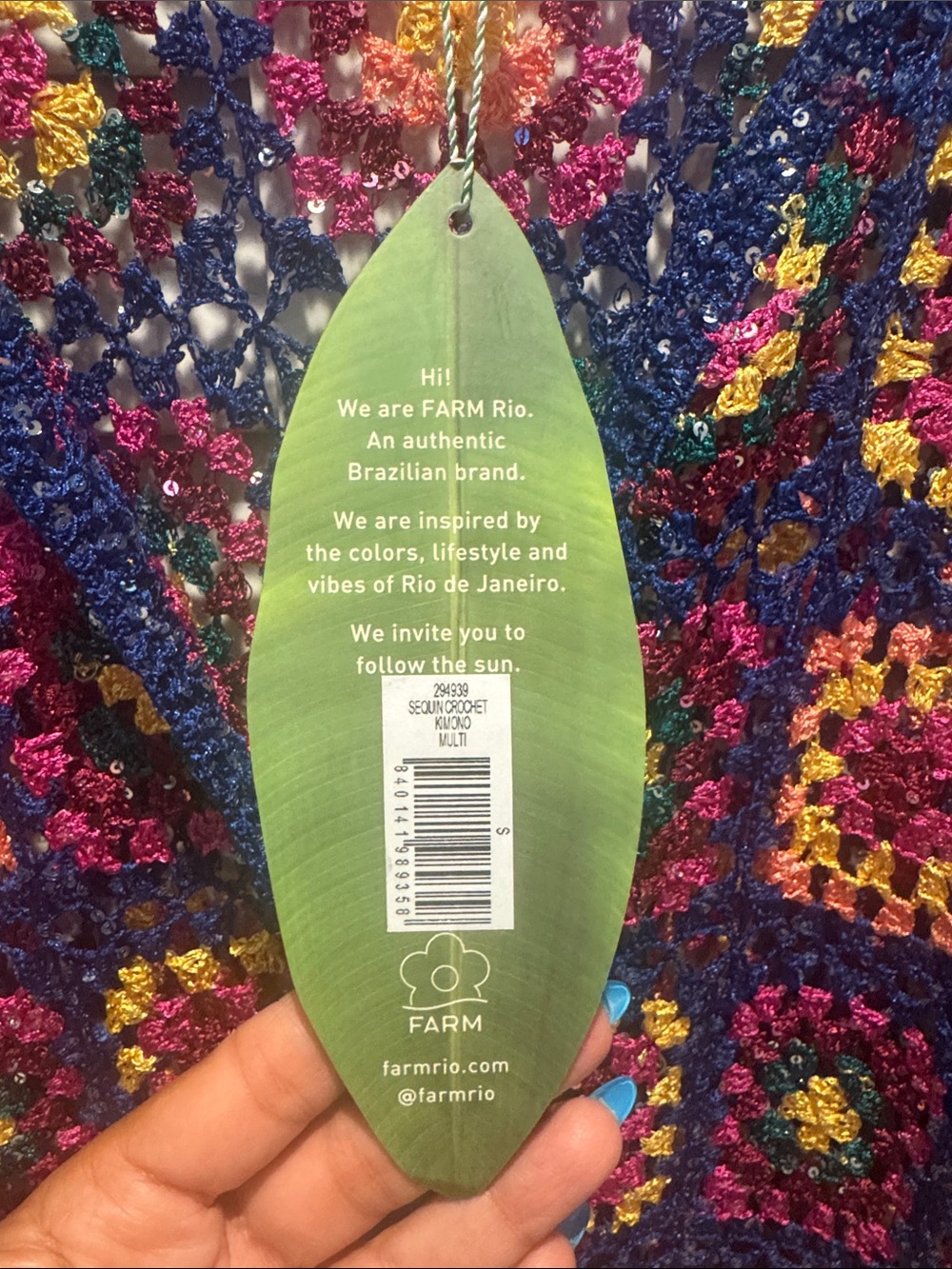 FARM Rio NWT Sequin Blue Multicolor Crochet Kimono Cardigan - Picture 4 of 10